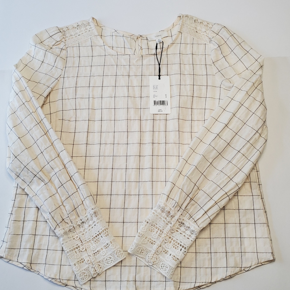 a loves a Women's Beige Puff Long Sleeve Lace Cuffs Cotton Check Print Top M